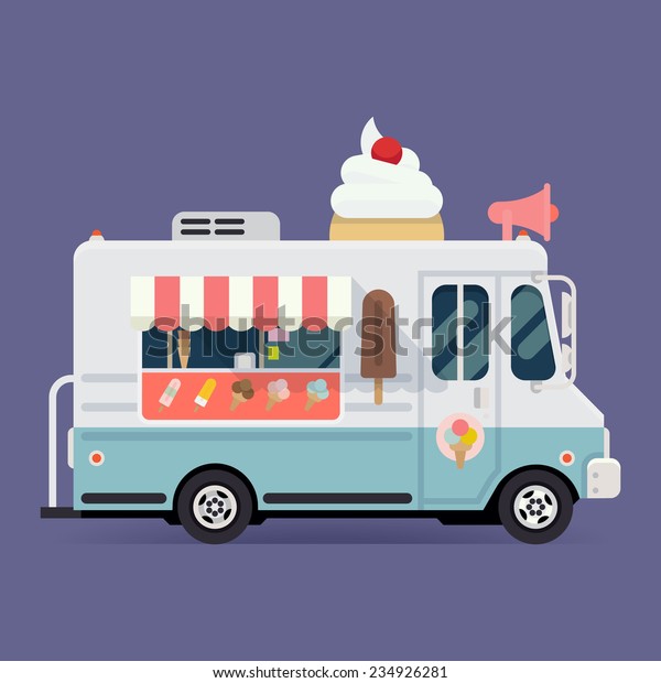 Vector flat\
design illustration on simplified ice cream truck, side view,\
isolated  | Retro looking ice cream\
van