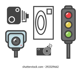 vector flat design illustration of road speed camera signs and traffic lights