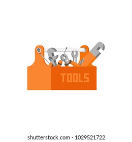 Vector flat design illustration set of craft, tools and equipment - screwdriver, wrench, spanner, pliers, monkey wrench, gas wrench, screw and toolbox.
Isolated on stylish white background
