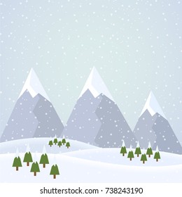 Vector flat design illustration of a snowy winter mountain landscape with hills, coniferous trees and snowflakes on a winter day under a gray sky - suitable for Christmas greeting