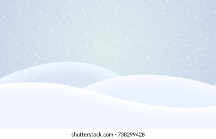 Vector flat design illustration of a snowy winter landscape with hills and snowflakes on a winter day under a gray sky - suitable for Christmas greeting