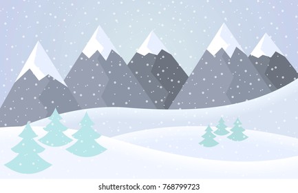 Vector flat design illustration of a snowy winter mountain landscape with hills, coniferous trees and snowflakes on a winter day under a gray sky - suitable for Christmas greeting