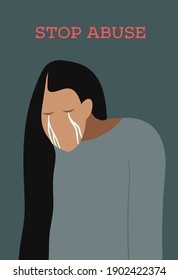 vector flat design illustration or social poster on the topic of abuse of women. a very sad woman cries from cruelty and violence. the poster in dark colors. stop domestic violence. stop the abuse.