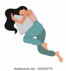 vector flat design illustration of a soundly sleeping girl in an embrace with a pillow with fluffy hair in pastel colors isolated on white background.can be used as an advertisement for sleep products