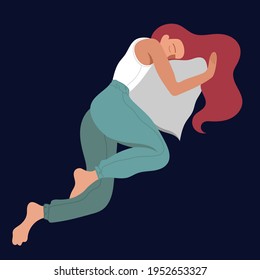 vector flat design illustration of a soundly sleeping girl in an embrace with a pillow with fluffy hair in pastel colors isolated on dark background.can be used as an advertisement for sleep products