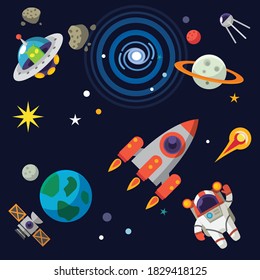 Vector flat design illustration of space, rockets, comets, planets and stars. Cute design for kid's fabric and wrapping paper.