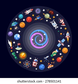 Vector flat design illustration of space icons and infographics elements