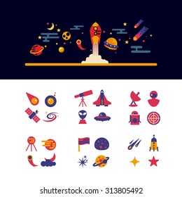 Vector flat design illustration of space icons and infographics elements