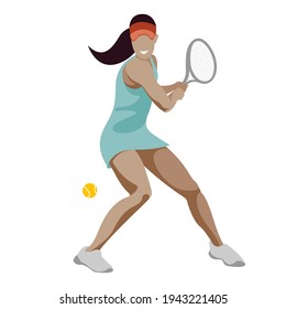 Vektorflache Design-Illustration eines sportlichen Mädchens in Sportuniform, das Tennis einzeln auf weißem Hintergrund spielt. kann in verschiedenen Werbemitteln für Tennisclubs und Tennisplätze verwendet werden.