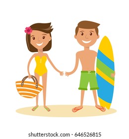 Vector flat design illustration. Summer beach vacation, adult couple standing. Smiling young man and woman in swim suit and shorts with beach bag and surfboard in hands.