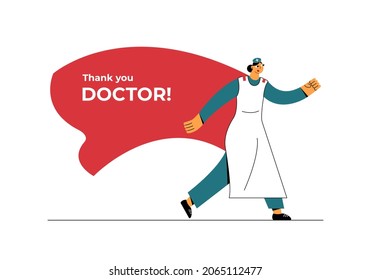 Vector flat design illustration with Super Woman Doctor in red cape.