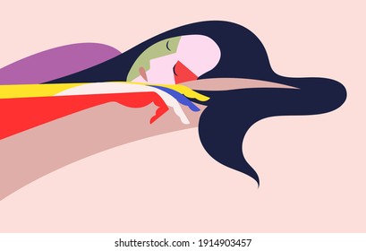 ilustración vectorial de diseño plano de una adorable niña dormida con el pelo esparcido en la almohada en colores pastel. se puede utilizar como anuncio de productos de relajación, salón de spa, ilustración de artículo.