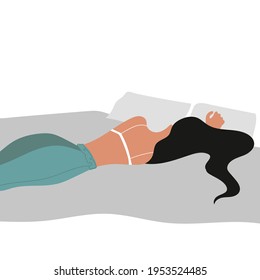 ilustración vectorial de diseño plano de una adorable niña dormida con el pelo esparcido en la almohada en colores pastel. puede utilizarse como anuncio para productos de sueño, productos de relajación, estilos de vida saludables