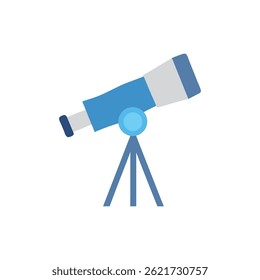 Ilustração de design plano vetorial de um telescópio em um tripé contra um fundo branco. O estilo é simples e limpo.