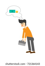 Vector flat design illustration of tired businessman that thinking of money. Concept of financial motivation.