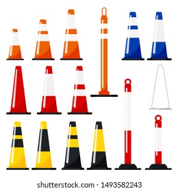 Vector flat design illustration of traffic cones set: orange, blue, red, yellow, black color with reflective stripes stickers. Plastic parking cones signs and horizontal mount traffic cone holder.