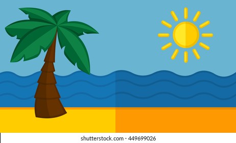 Vector flat design illustration. A tropical sea with palm trees and sun. 
