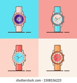 Vector flat design illustration of watches. Colorful collection of watches on different backgrounds.