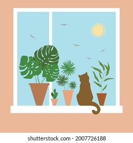 Vector flat design illustration: window with  home green plants in  brown ceramic pots and nice cat on it. Sunny blue sky , flying birds. For card, poster, invitation