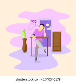 vector flat design illustration of a woman thinking of an idea and looking for inspiration using a gadget