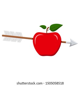 Vector flat design illustration of wooden arrow in red apple icon isolated on white background. Cartoon style sign for web design. The bull's eye concept.