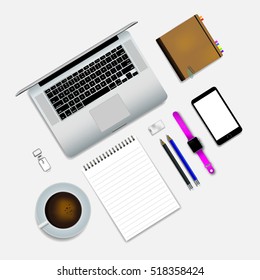 Vector Flat design illustration work space, Table space layout ( Realistic )