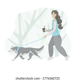 Vector flat design illustration of young woman with brown hair, walking outside with grey husky dog, smiling, holding cup of tea, wearing sportive costume, isolated on white background