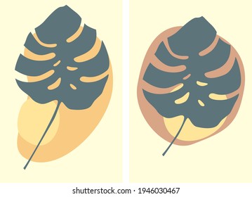 Vector flat design illustrations with big tropical leaves and abstract free form spots. Minimalism in blue, brown ,beige, yellow colors. Elements for card, poster, invitation, interior picture.