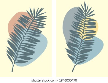 Vector flat design illustrations with tropical palm leaves and abstract free form spots. Minimalism in blue, brown ,beige, yellow colors. Elements for card, poster, invitation, interior picture.