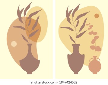 Vector flat design illustrations : vases , branches with leaves, abstract spots. Minimalism, monochrome, overlay. Elements in calm brown and beige colors for card, poster, print, interior picture.