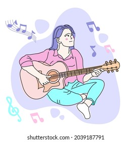 VECTOR FLAT DESIGN ILLUSTRATOR WOMEN PLAYING GUITAR LONG HAIR
