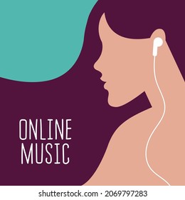 imagen vectorial de diseño plano de una chica con auriculares en sus oídos escuchando música en colores de moda. texto sobre el pelo "música en línea". útil para canales de música publicitaria, servicios de música web, diseño.