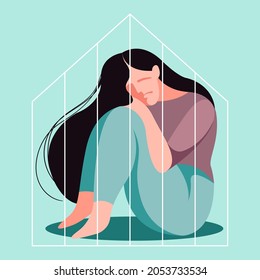 vector flat design image on the theme of domestic violence against women. a very sad girl sits behind bars locked in a house alone in her grief. the house is like a prison. victim of domestic violence