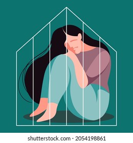 vector flat design image on the theme of domestic violence against women. a very sad girl sits behind bars locked in a house alone in her grief. the house is like a prison. victim of domestic violence