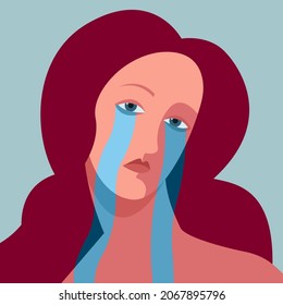 vector flat design image on the theme of mental health and domestic violence. beautiful woman with tears flowing from her eyes isolated on blue background violence against women abuse, harassment.