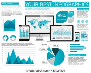 Vector flat design IT Industry Infographic elements collection. Devices vector illustration with various of charts, pie, diagrams and infographic map for data visualization. Modern blue and gray color