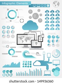 Vector flat design infographic elements collection. Cloud connected to devices vector illustration with various of infographic elements as charts, diagrams and infographic map for data visualization.