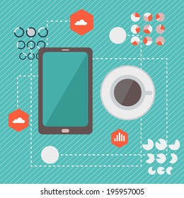 vector flat design infographics with smartphone and coffee for marketing, advertizing, visualization and business templates