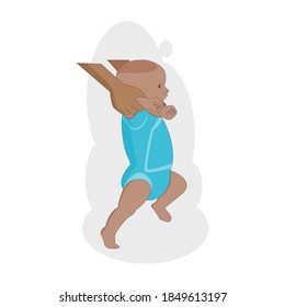Vector flat design isolate of happy little baby learning to walk with mother or father  help.Idea of family, Mother teaching how to walk gently. Baby growth and development , Toddler learning to walk.