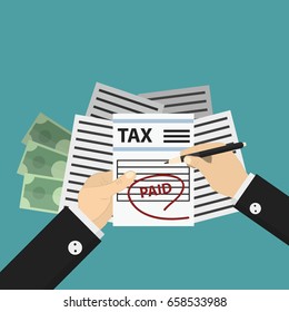 Vector flat design isolated concept of tax payment and economy on the blue background.