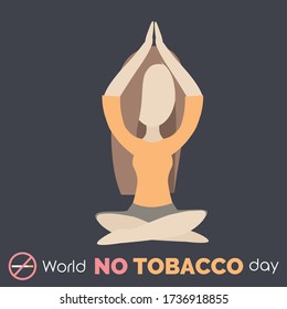 Vector flat design isolated infographic icon poster world no smoking tobacco day with sportive girl doing yoga and text on dark grey background