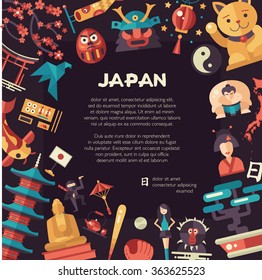Vector flat design Japan travel postcard and infographics elements with landmarks and famous Japanese symbols 