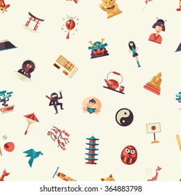 Vector flat design Japan travel icons and infographics elements pattern with landmarks and famous Japanese symbols 