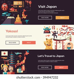 Vector flat design Japan travel web banners, headers set and infographics elements with landmarks and famous Japanese symbols 