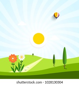 Vector Flat Design Landscape. Field with Flowers and Path. Empty Park.