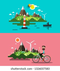 Vector Flat Design Landscapes Set. Ocean Landscape with Lighthouse, Island and  Boat and Man on Bicycle with Mountains and Windmills on Background.