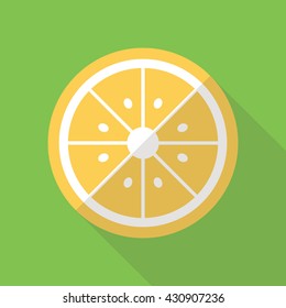 Vector flat design lemon slice icon with shadow on green background.

