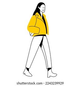 vector flat design linear image stylish woman in autumn or winter warm clothes walking down the street. street style, fashion. isolated on white background. useful for web, graphic design, print