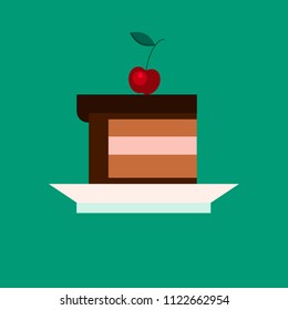 Vector flat design llustraition. Piece of chocolate cake with cream and cherry berry on top on white plate. Greeting card template concept for international cake day. Happy cake day.