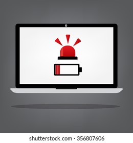 Vector flat design low battery and siren alert on the laptop monitor.